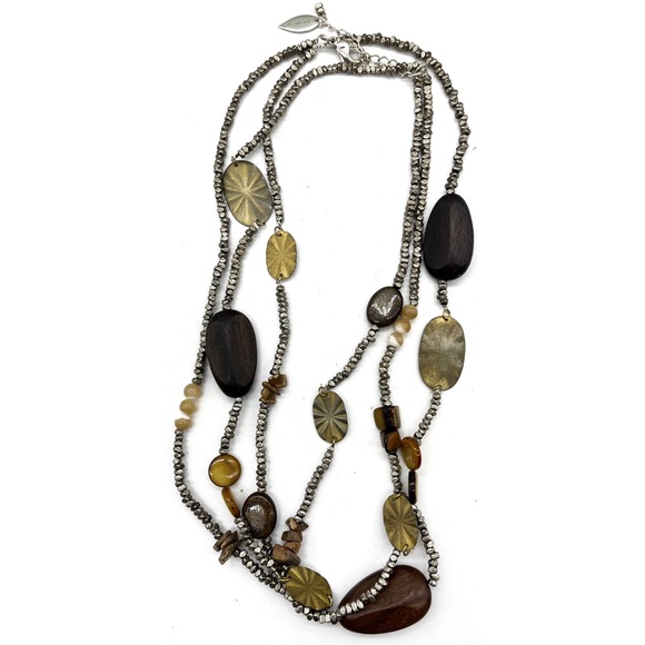 Coldwater Creek Layered  Triple Strand  22“ Necklace Adjustable Metal Wood Tiger - Picture 1 of 5